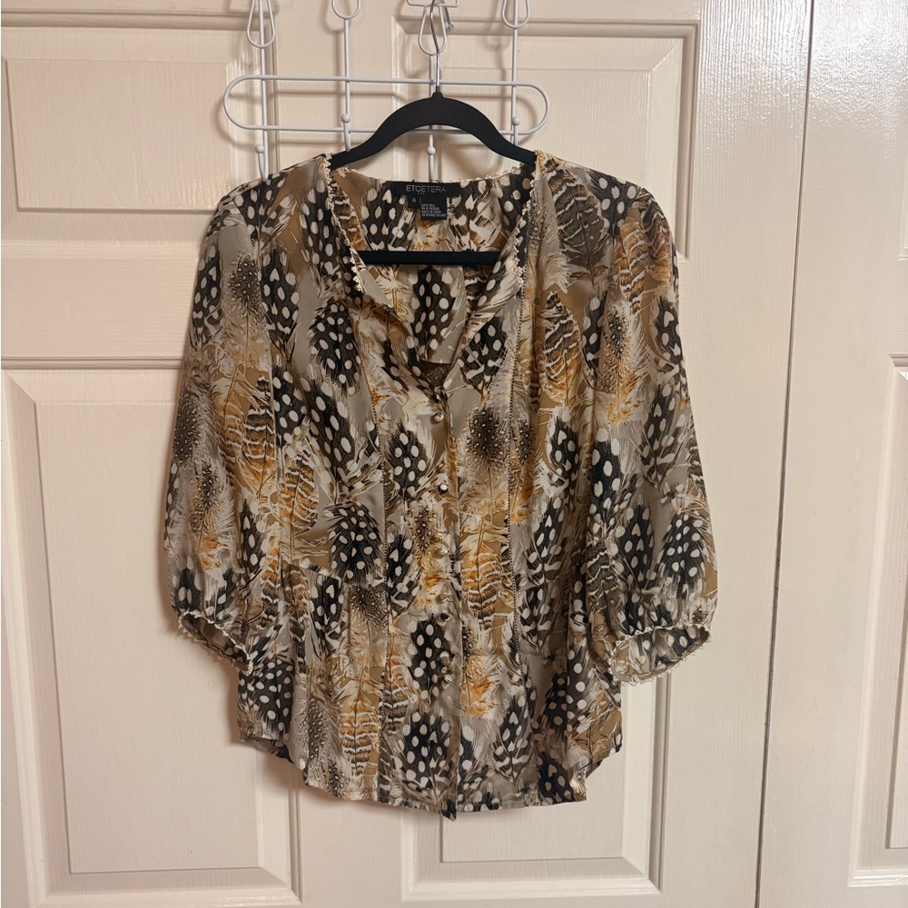 Etcetera 100% Silk Feather Print Boho Peasant Sleeve Blouse Boho Gypsy Lagenlook